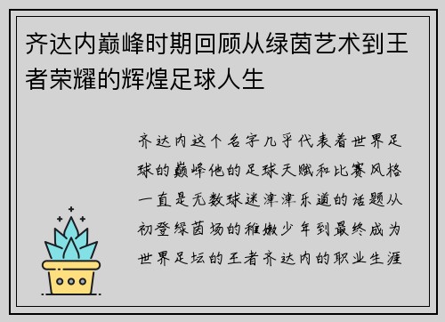 齐达内巅峰时期回顾从绿茵艺术到王者荣耀的辉煌足球人生