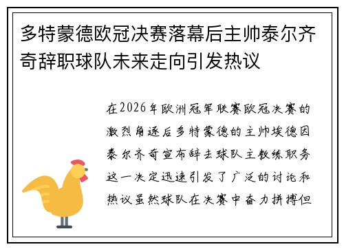 多特蒙德欧冠决赛落幕后主帅泰尔齐奇辞职球队未来走向引发热议
