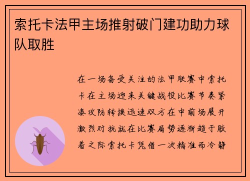 索托卡法甲主场推射破门建功助力球队取胜 索托卡法甲主场推射破门建功助力球队取胜